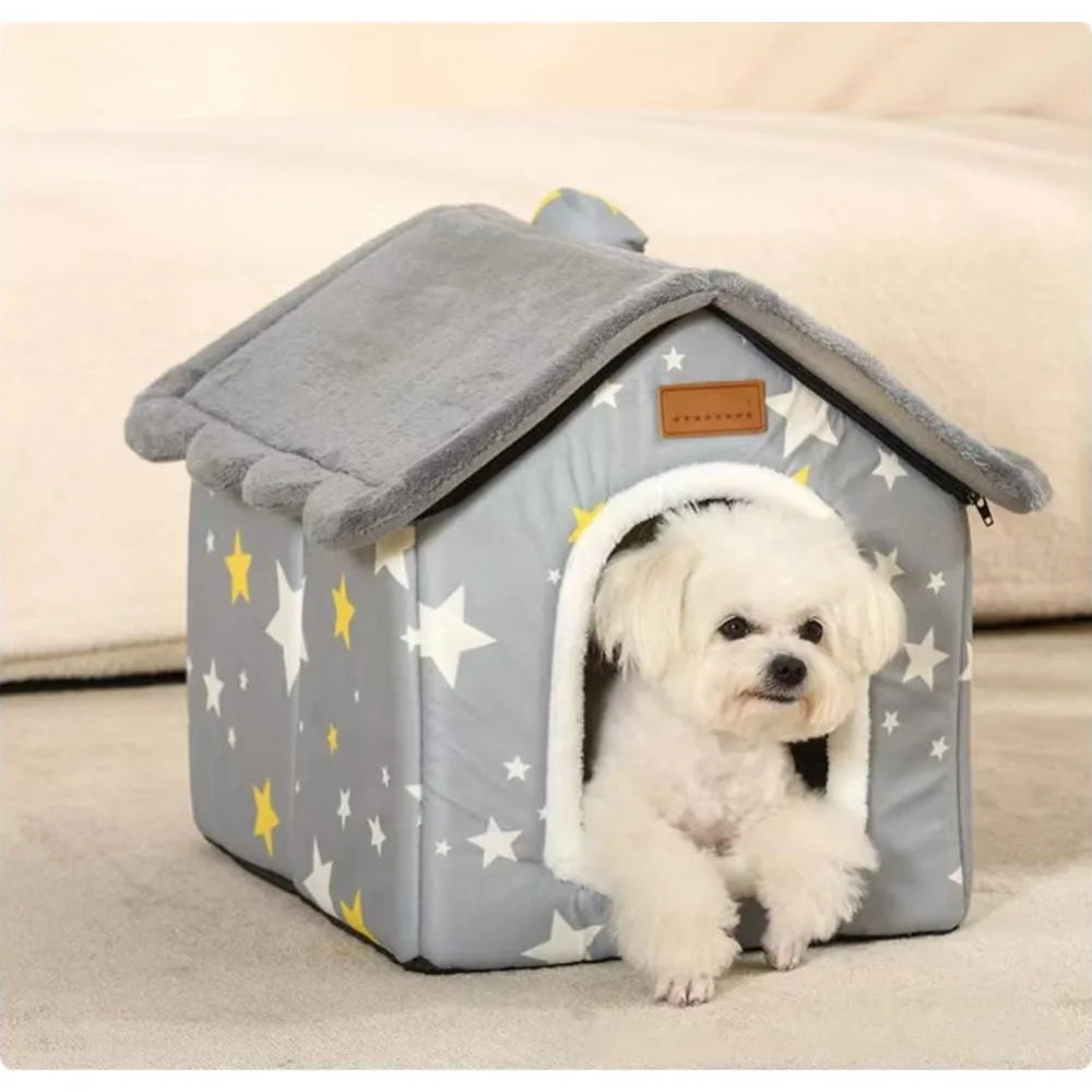 Foldable Dog House Bed With Warm Plush Nest And Cushion