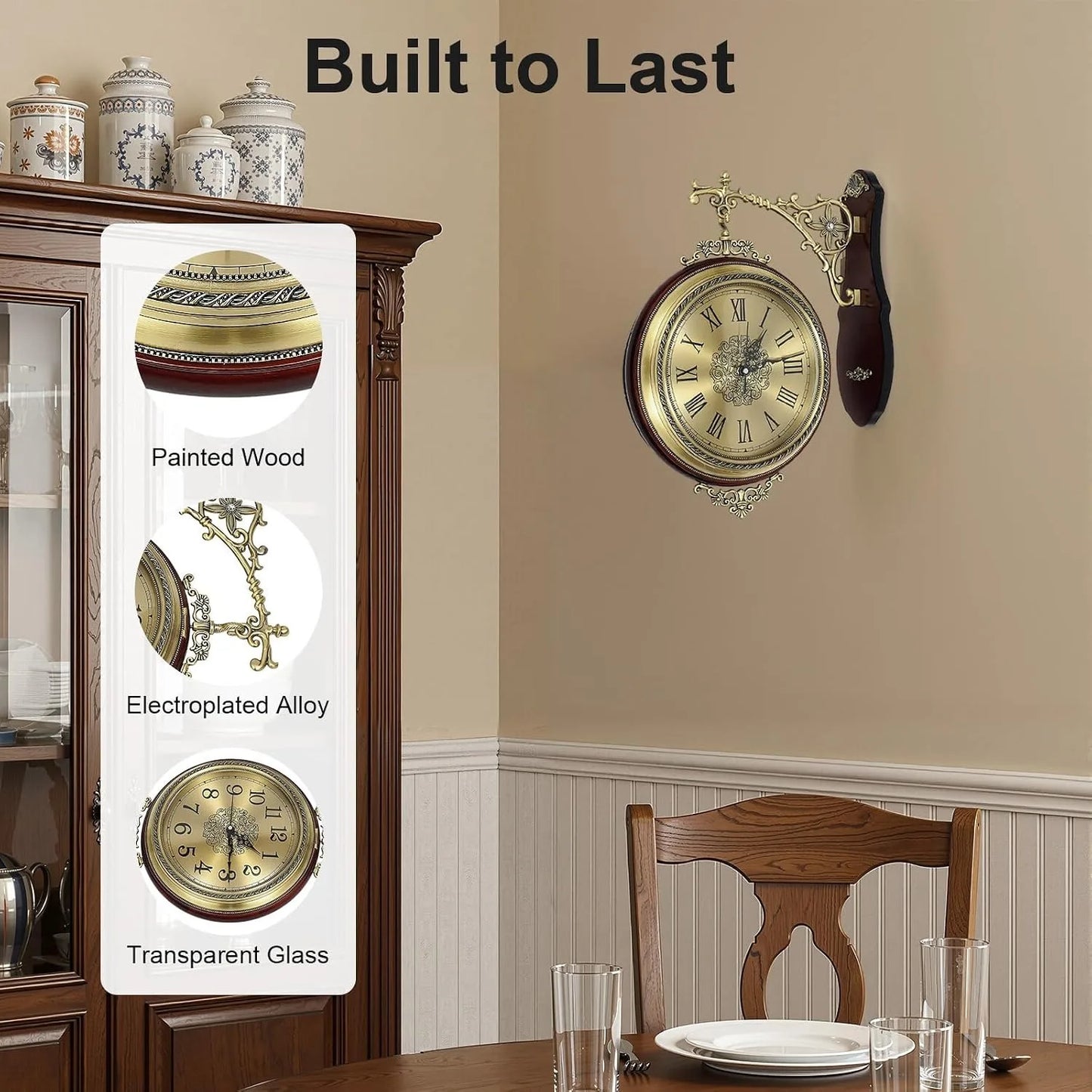 Double Sided Rotating Wall Clock European Alloy Style