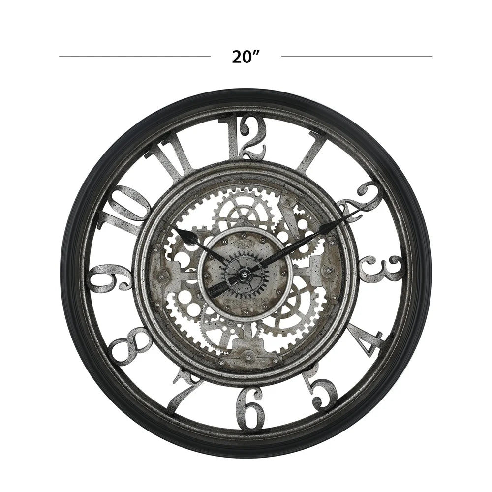 20 Inch Rustic Metal Wall Clock With Moving Gears Decor