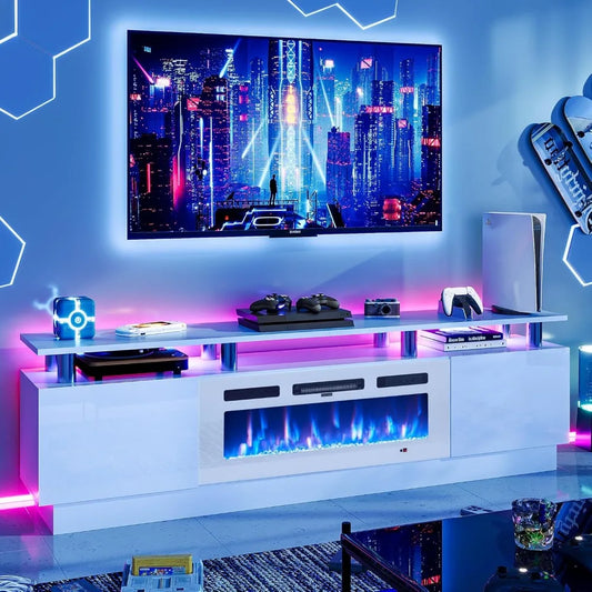 80 Inch Modern Electric Fireplace TV Stand With LED Lights