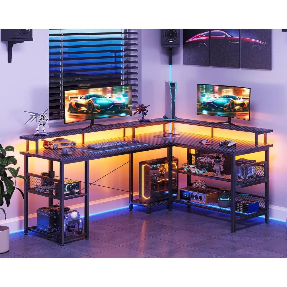 66 Inch L Shaped Gaming Desk With Power Outlet And LEDs