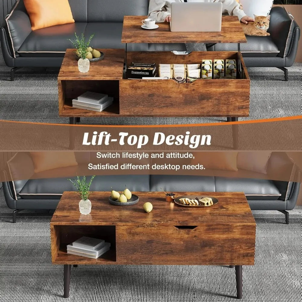 Lift Top Coffee Table With Storage Shelf And Hidden Compartment