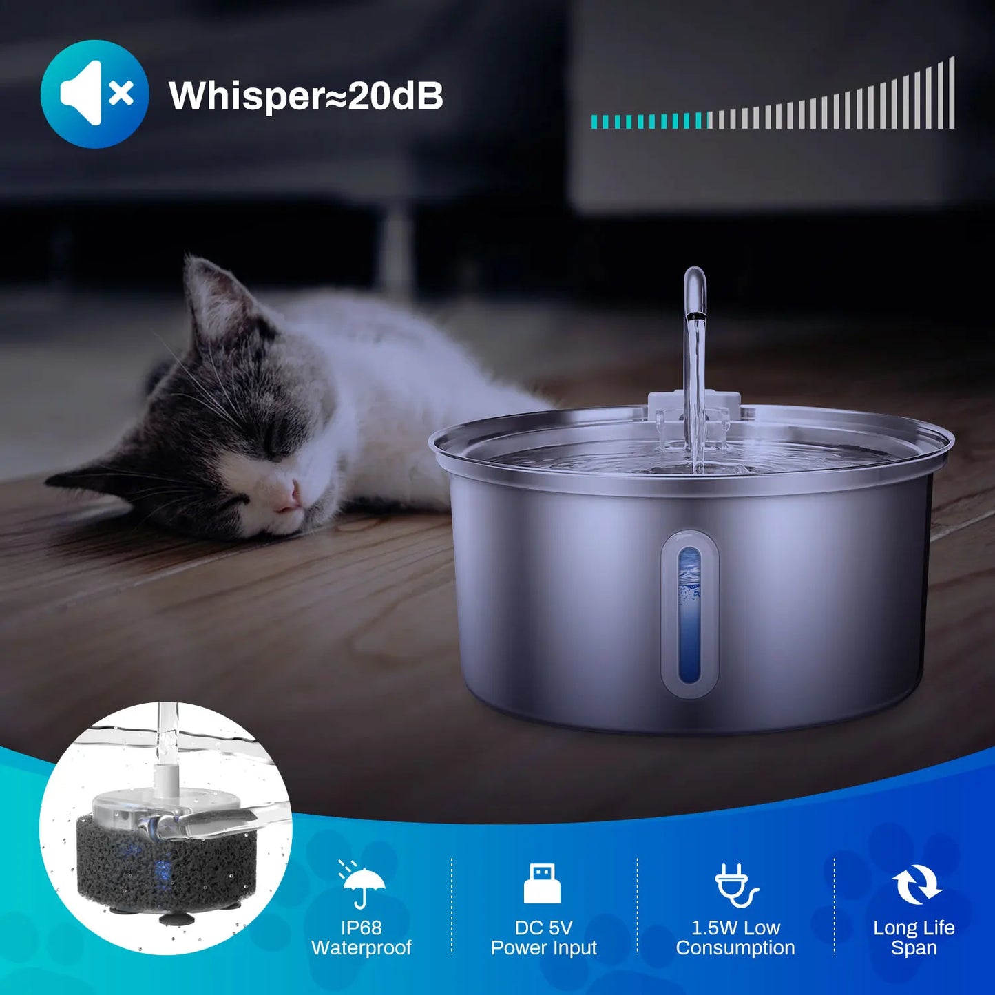 Cat Water Fountain Stainless Steel 108oz Ultra Quiet Pump