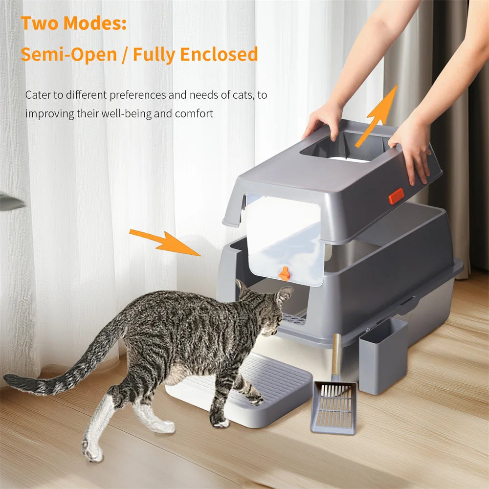 XXL Enclosed Stainless Steel Cat Litter Box with Lid