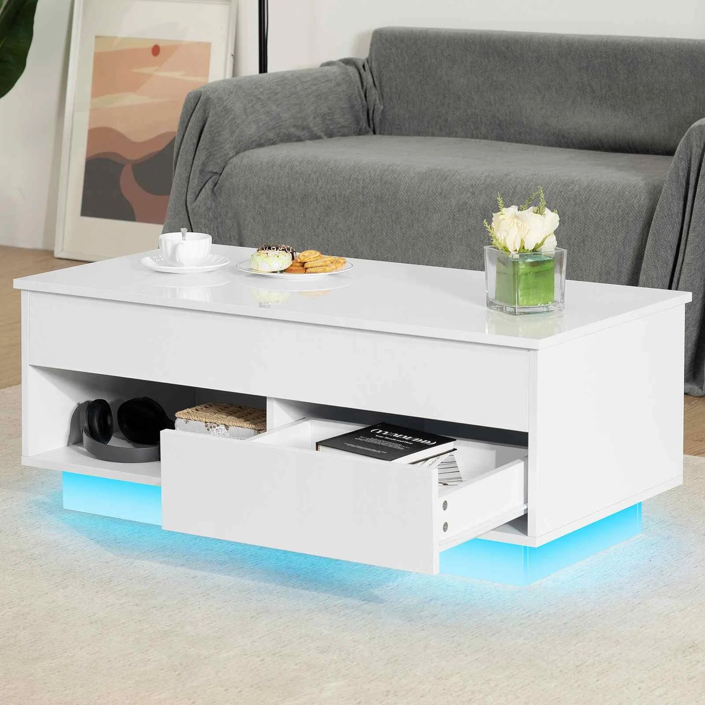 LED Lift Coffee Table With Height Adjustable Modern Design