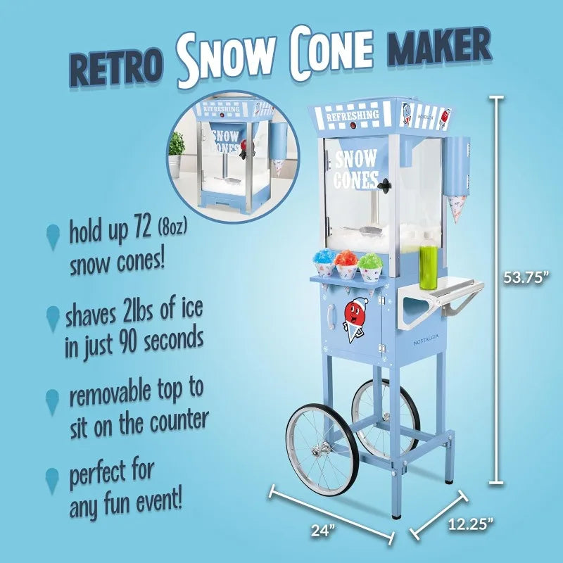 Cone Shaved Ice Machine - Retro Cart Slushie Machine Makes 72 Icy Treats - Includes Metal Scoop, 2 Syrup Bottles,