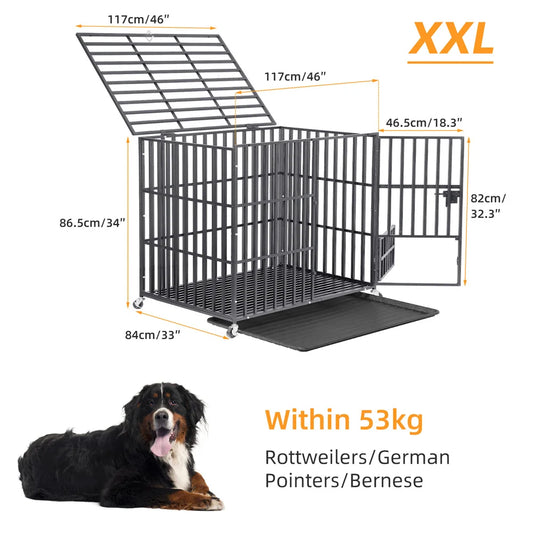 XXL Heavy Duty Dog Crate With Lockable Wheels And Tray