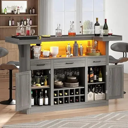 Crescent Bar Cabinet With LED Lighting And Stemware Holders