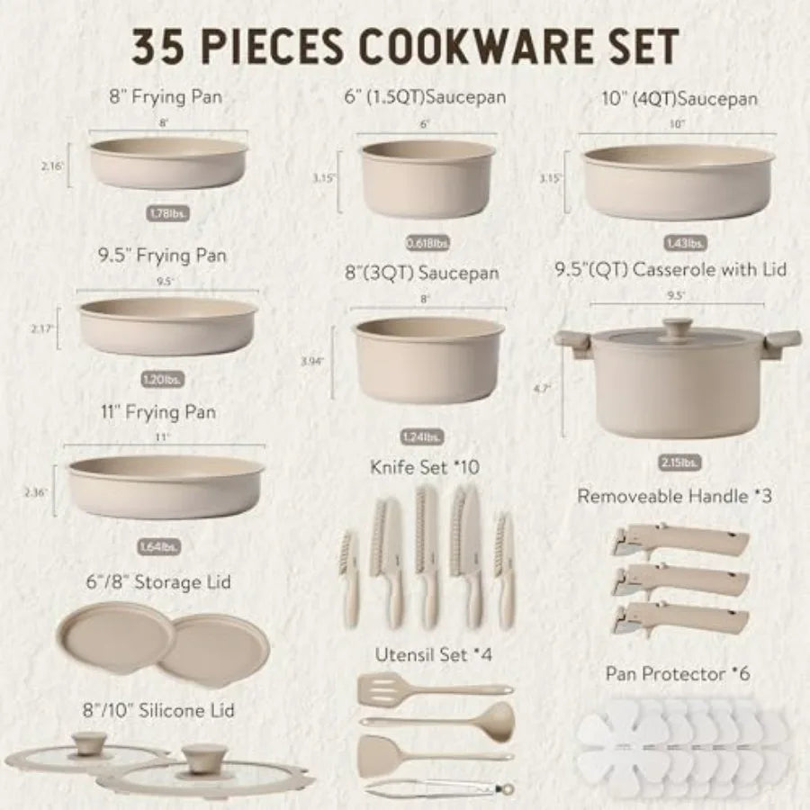 CAROTE 35 Piece Nonstick Pots And Pans Set With Removable Handles Oven Safe To 450F Induction Compatible Cookware