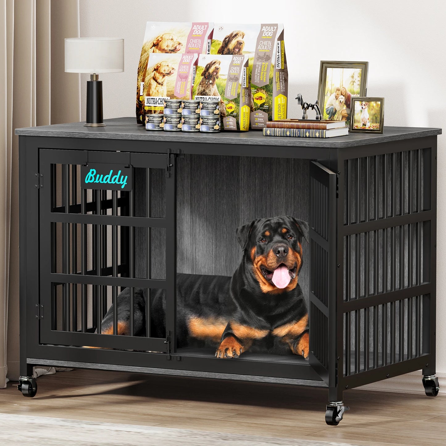Dog Crate Furniture With Casters Heavy Duty Kennel For Indoor Use TV Stand