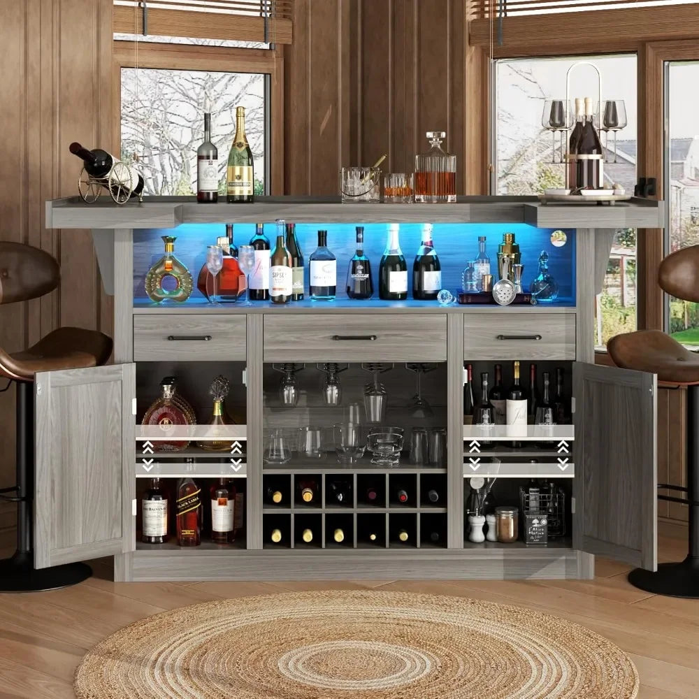 Crescent Bar Cabinet With LED Lighting And Stemware Holders
