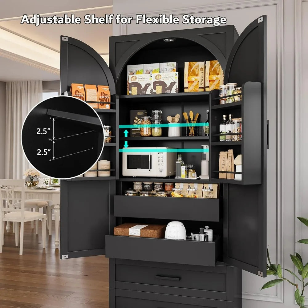 Freestanding Kitchen Pantry Cabinet With Adjustable Shelves And Drawers