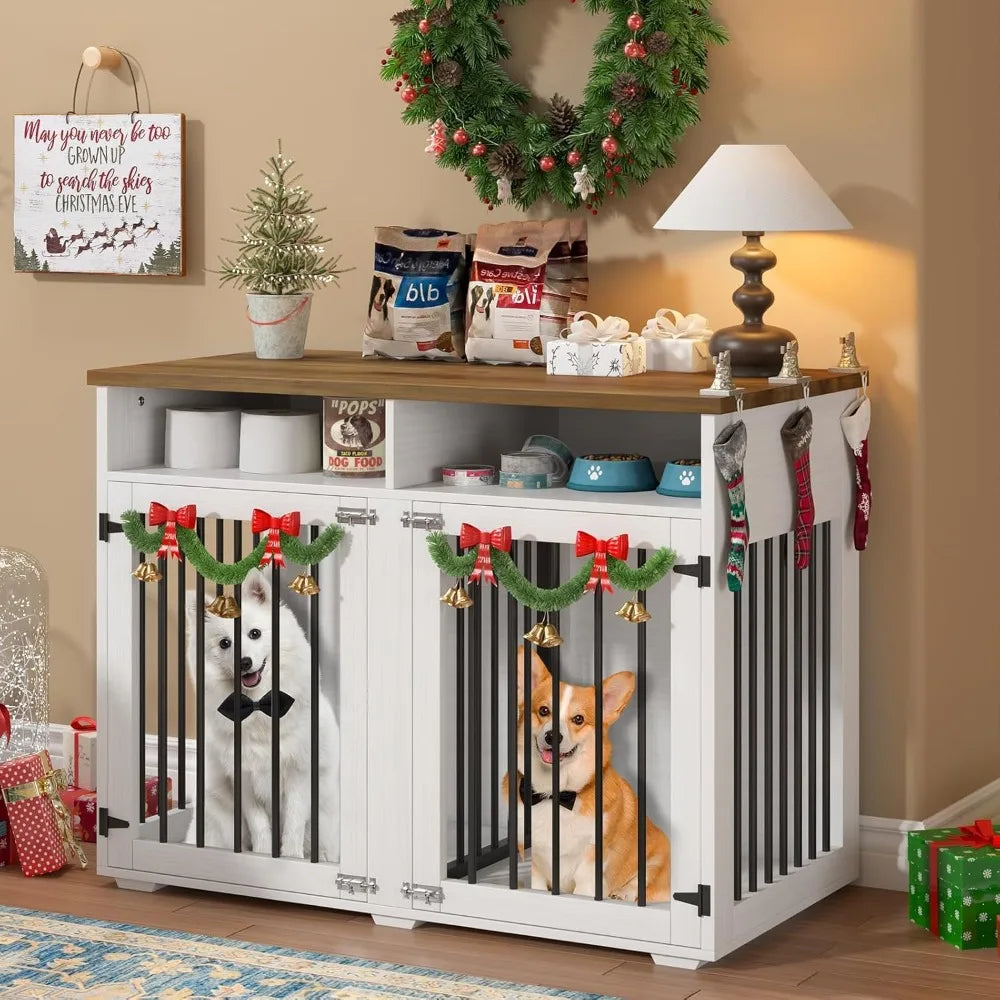 Double Dog Wooden Crate With Removable Partition And Shelf