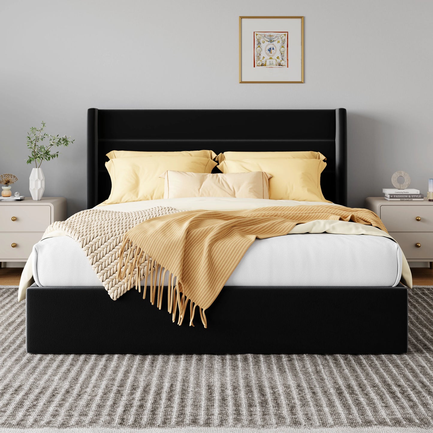 HOOMIC Lift Up Storage Bed With Wingback Headboard Underbed Storage