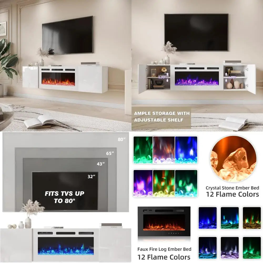 Modern Floating TV Stand With Electric Fireplace Entertainment Center