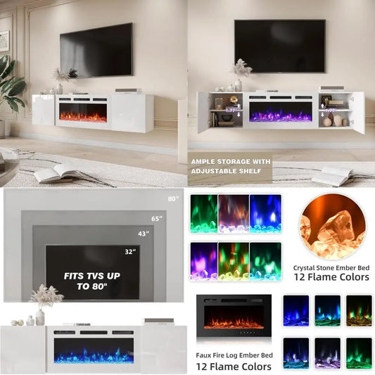Modern Floating TV Stand With Electric Fireplace Entertainment Center
