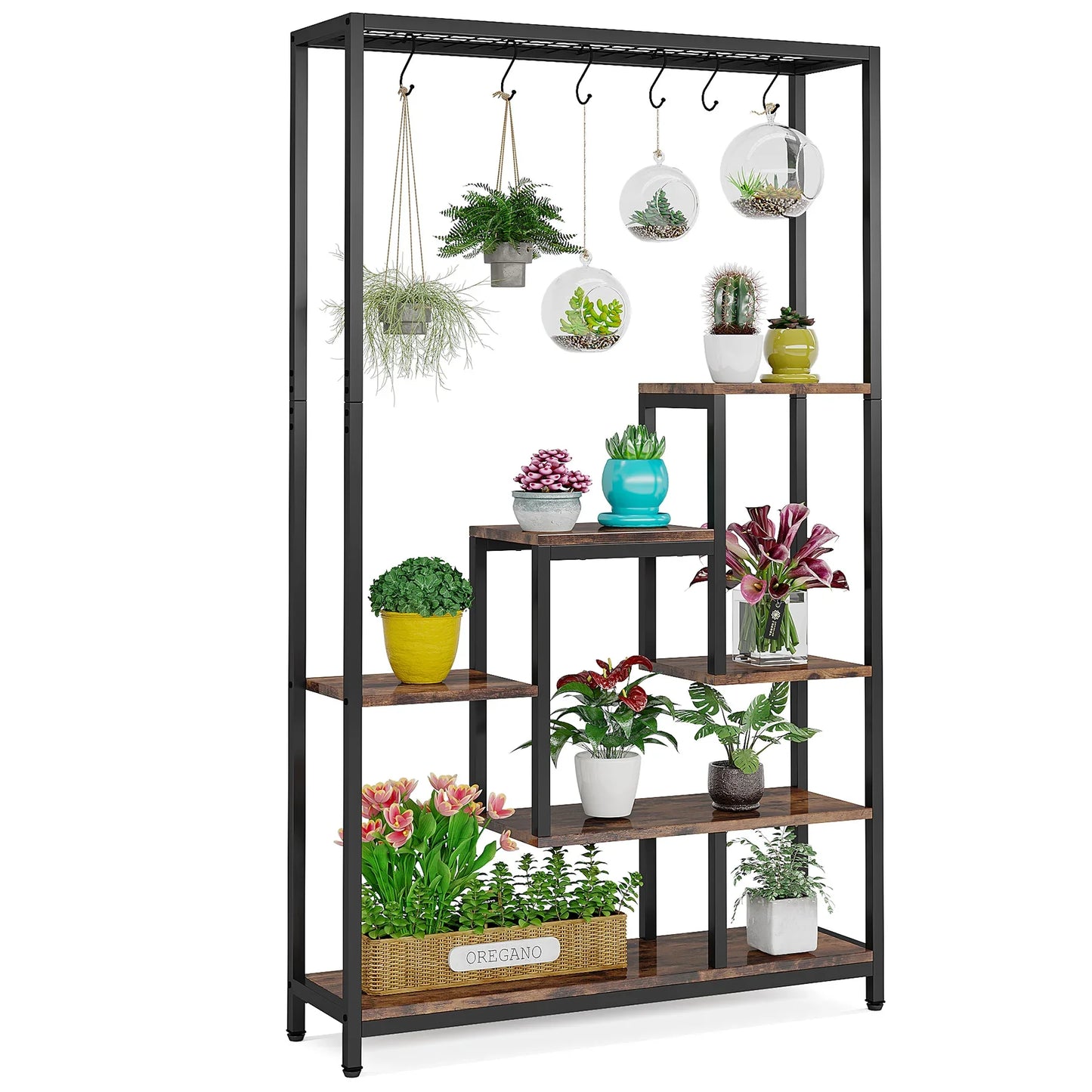 Tribesigns 5-Tier Indoor Plant Stand With Metal Shelf And Hooks
