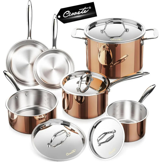 18 10 Stainless Steel Pot And Pan Set 10 Piece With Copper Exterior Induction Cookware And Stainless Lids