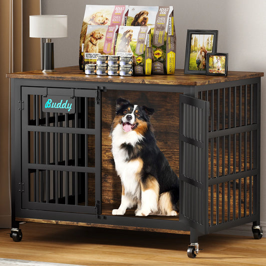 Dog Crate Furniture With Casters Heavy Duty Kennel For Indoor Use TV Stand
