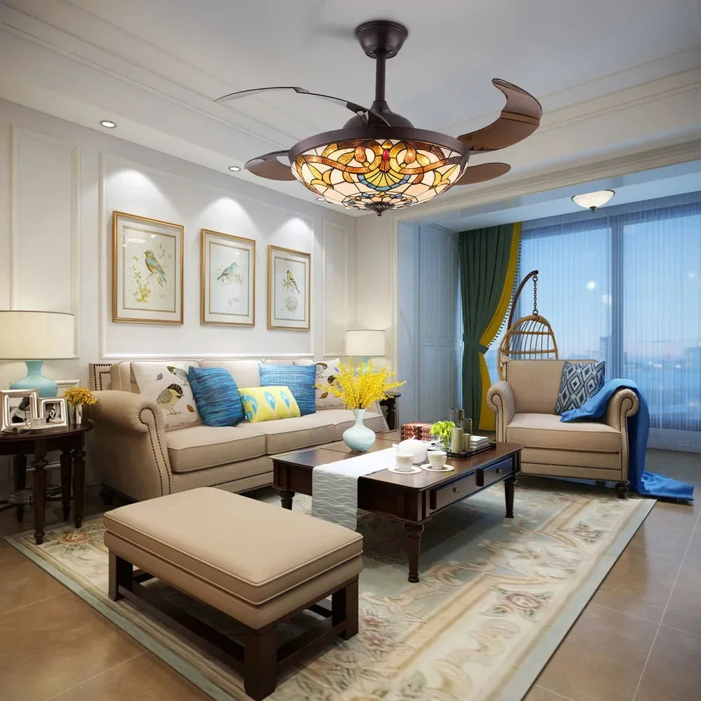 Tiffany Style Ceiling Fan With LED Light And Remote Control