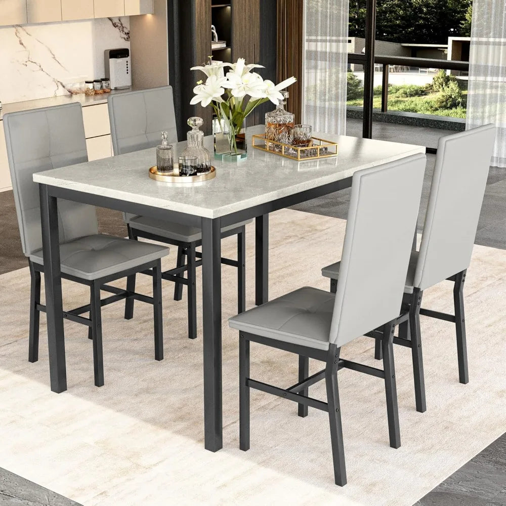 Modern Artificial Marble Dining Table With PU Leather Chairs Set