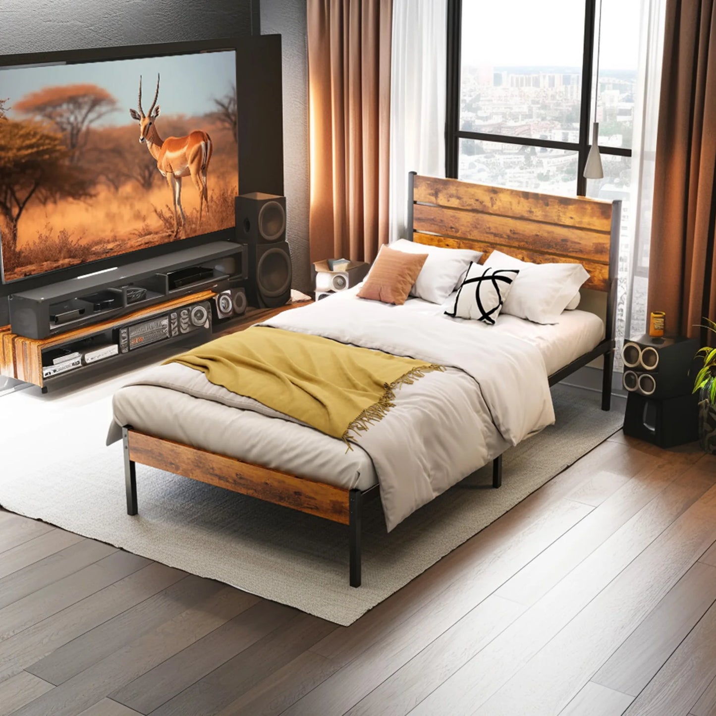 JHK Queen Size Metal Platform Bed Frame With Sturdy Slats