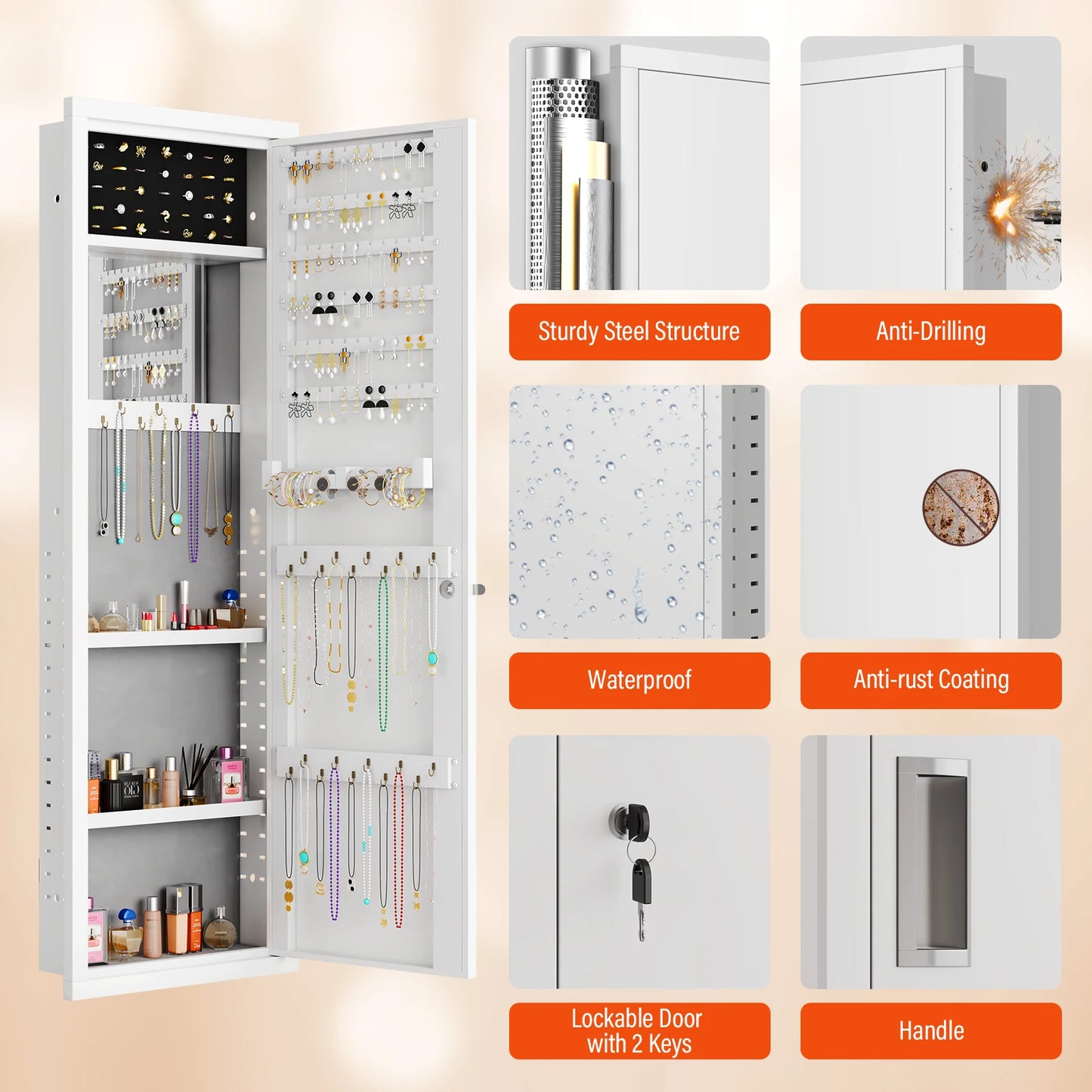 Kavey Mirror Jewelry Cabinet With LED Light Wall Mount