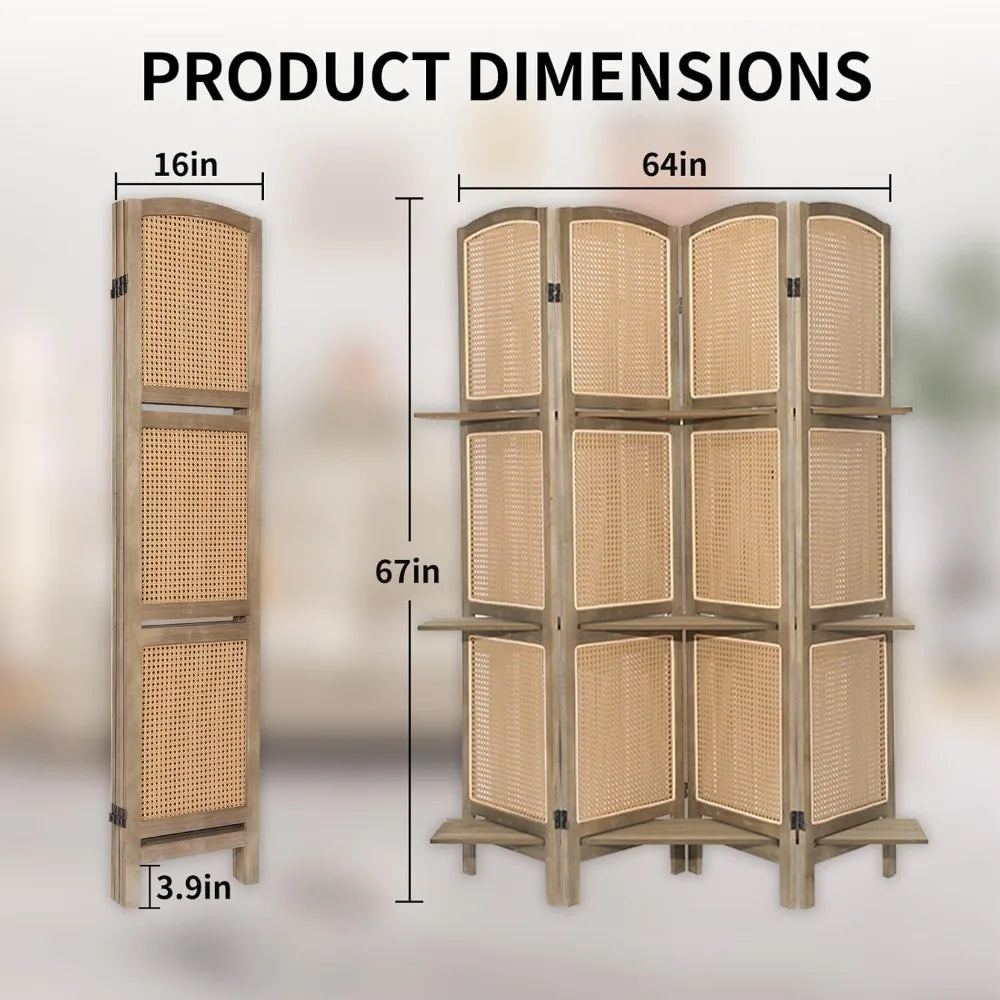 4 Panel Room Divider With Shelves Folding Privacy Screen