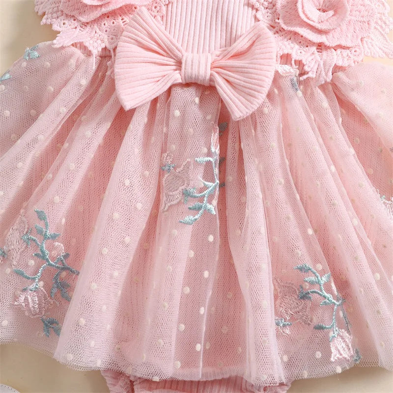 Newborn Baby Girls Sleeveless Romper Dress With Floral Mesh Skirt