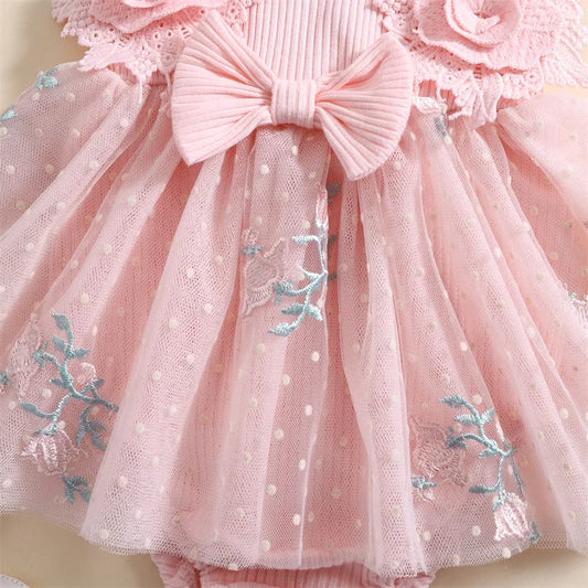 Newborn Baby Girls Sleeveless Romper Dress With Floral Mesh Skirt