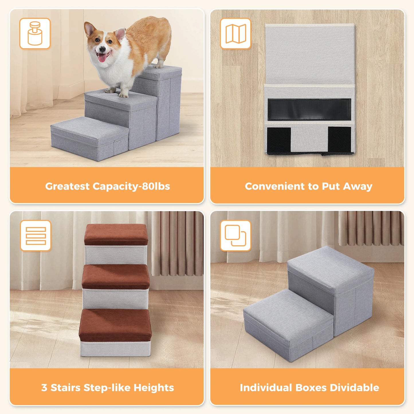 3 Tier Dog Stairs Foldable With Storage Box Non Slip Ramp