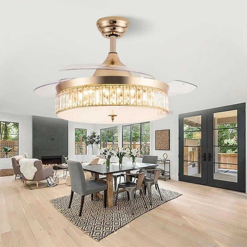 Retractable Ceiling Fan Light With Remote Crystal LED Chandelier