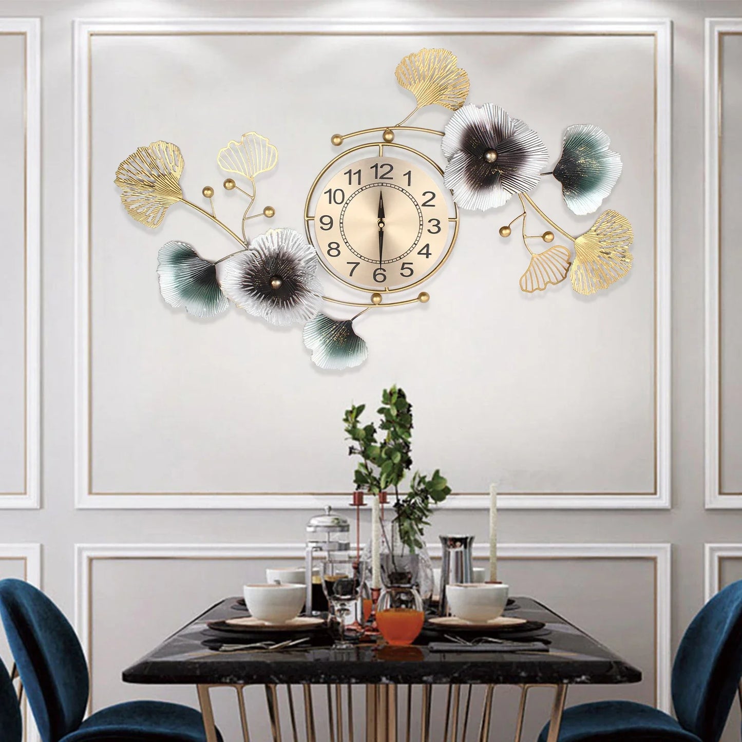 Ginkgo Leaf Metal Wall Clock 90x45cm Modern Quartz Movement