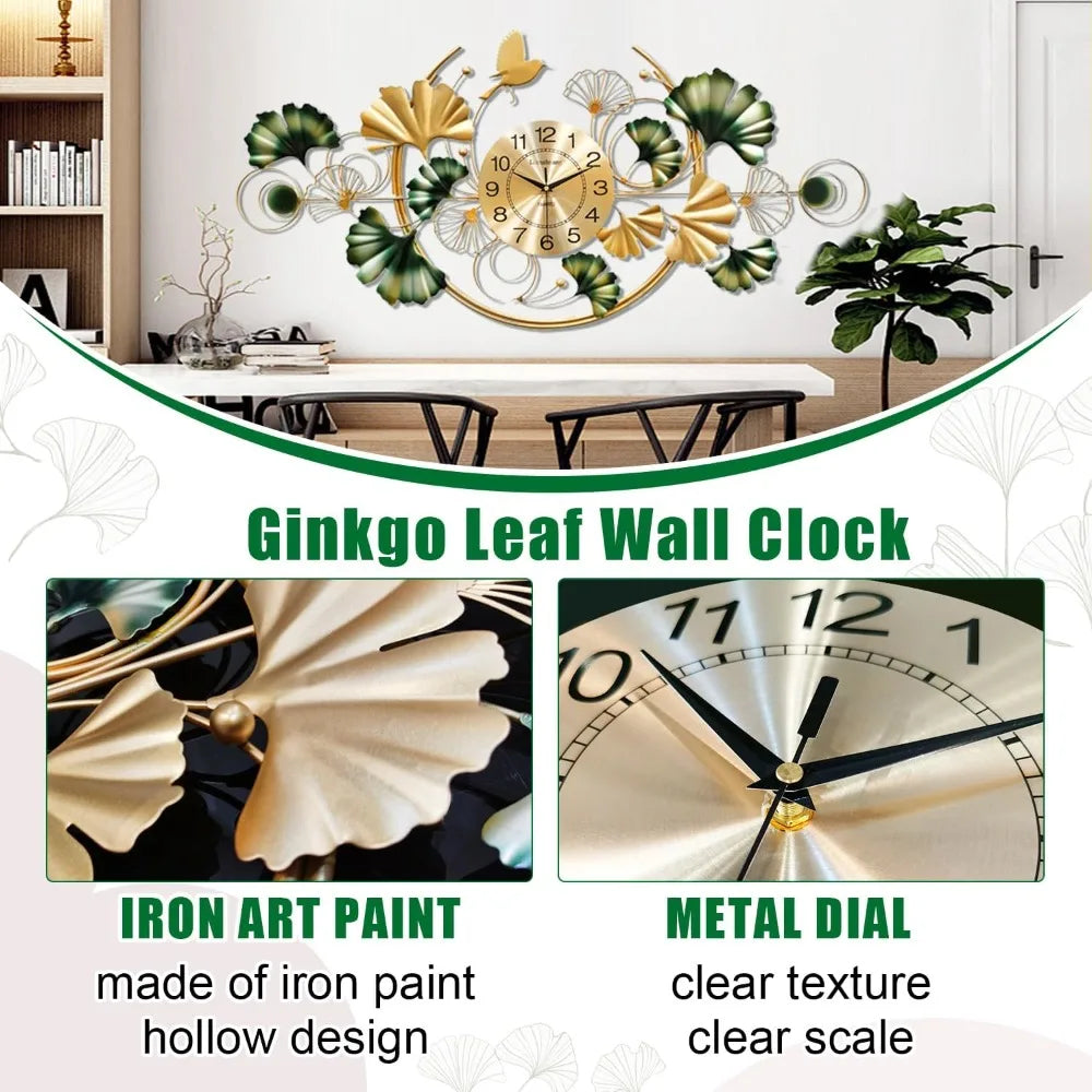 Large Wall Clock for Living Room, 3D 47 Inch Metal Ginkgo Leaf Wall Decor, Boho Silent Non-Ticking Hanging Wall Clocks, Decorati