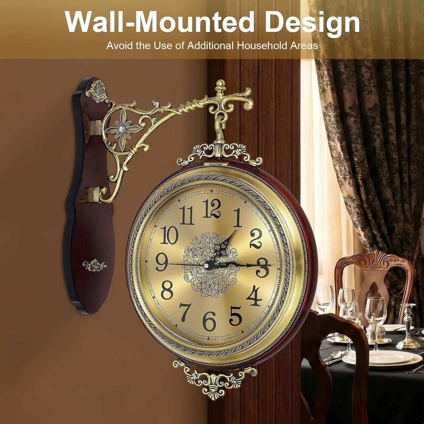 Double Sided Rotating Wall Clock European Alloy Style