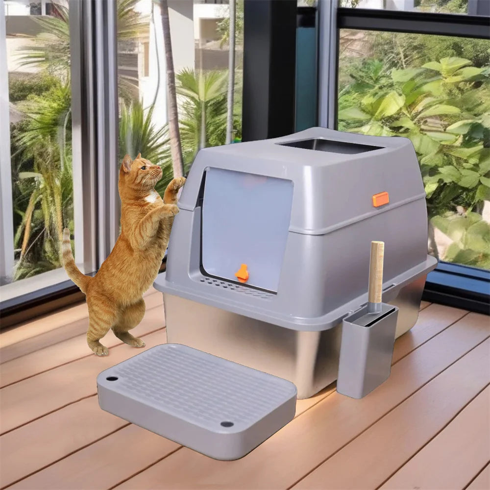 XXL Enclosed Stainless Steel Cat Litter Box with Lid