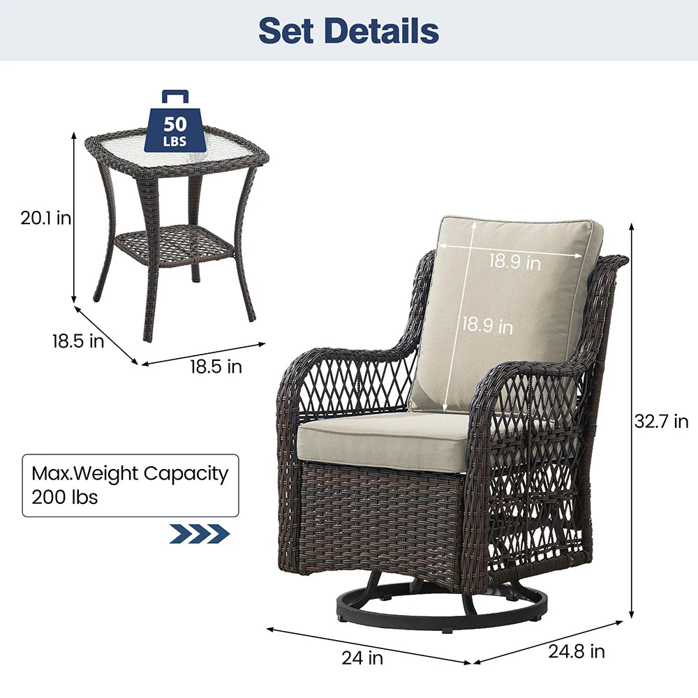 HiMISS 3-Piece Wicker Patio Set Swivel Rocking Chairs Glass Table