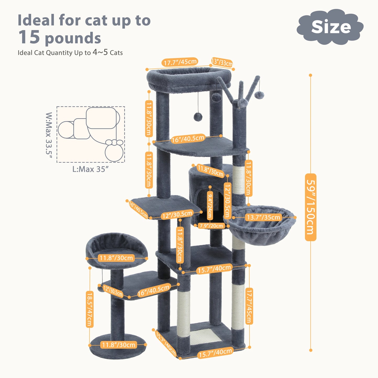 PEQULTICN Multi Level Cat Tree With Scratching Post And Hammock