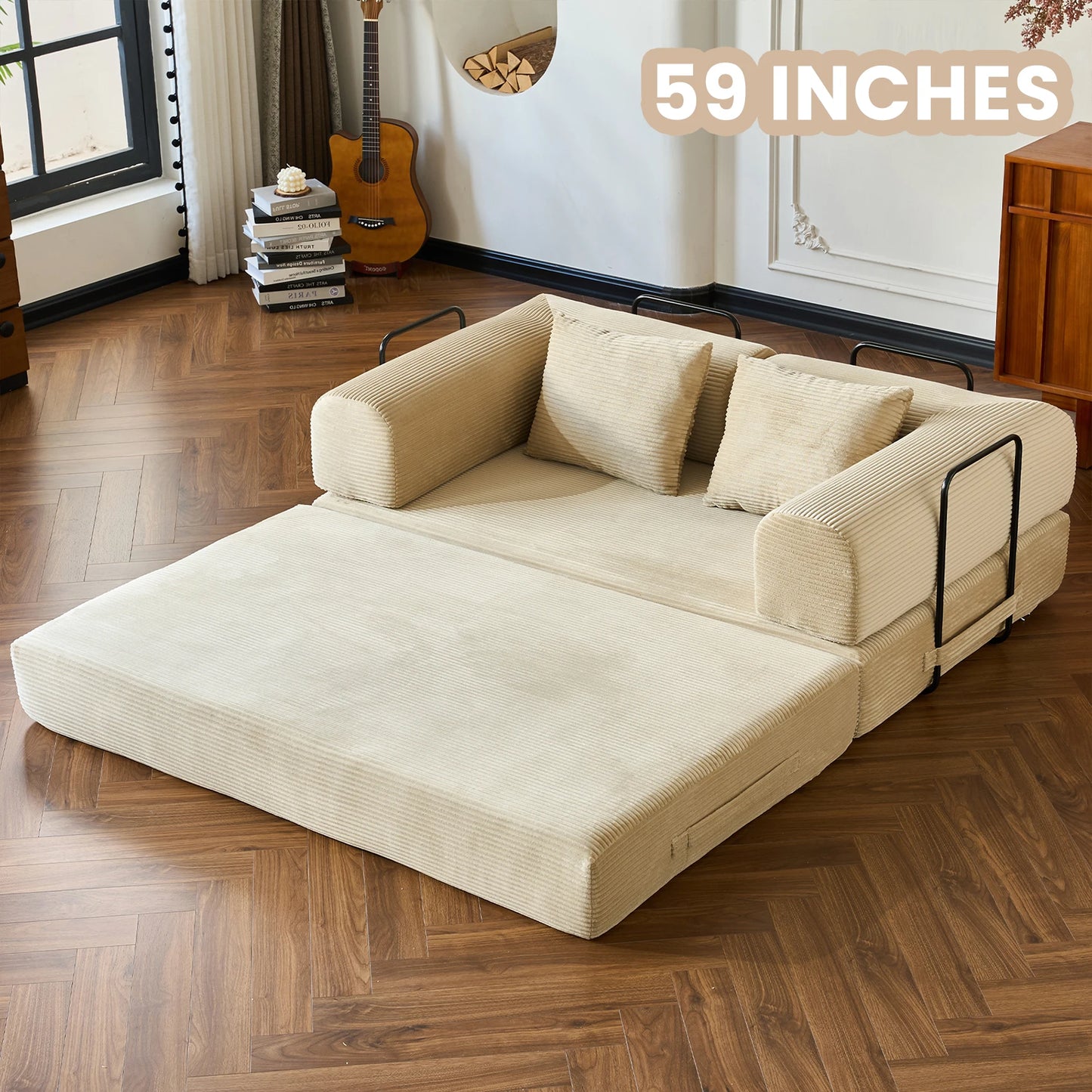Foldable Convertible Futon Sofa Bed With L Shape Armrests