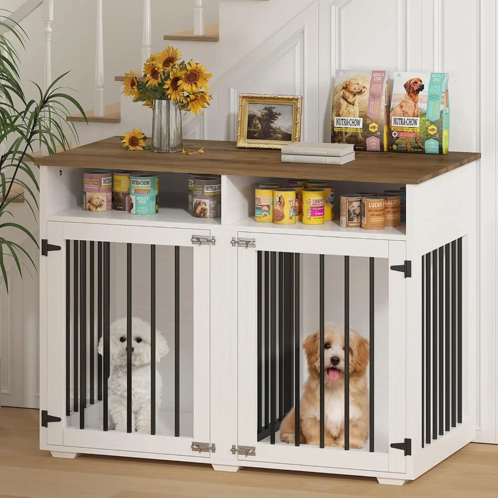 Double Dog Wooden Crate With Removable Partition And Shelf