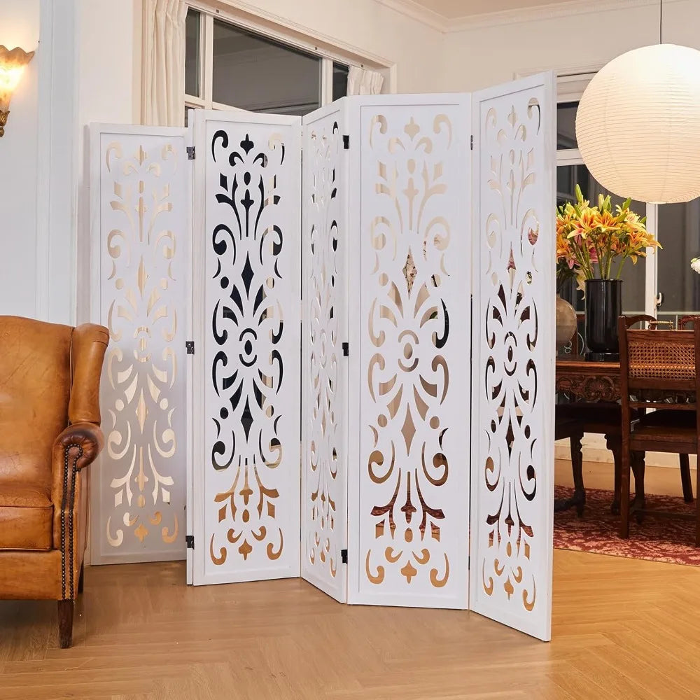 White Carved Wood Room Divider Folding Screen Six Panels