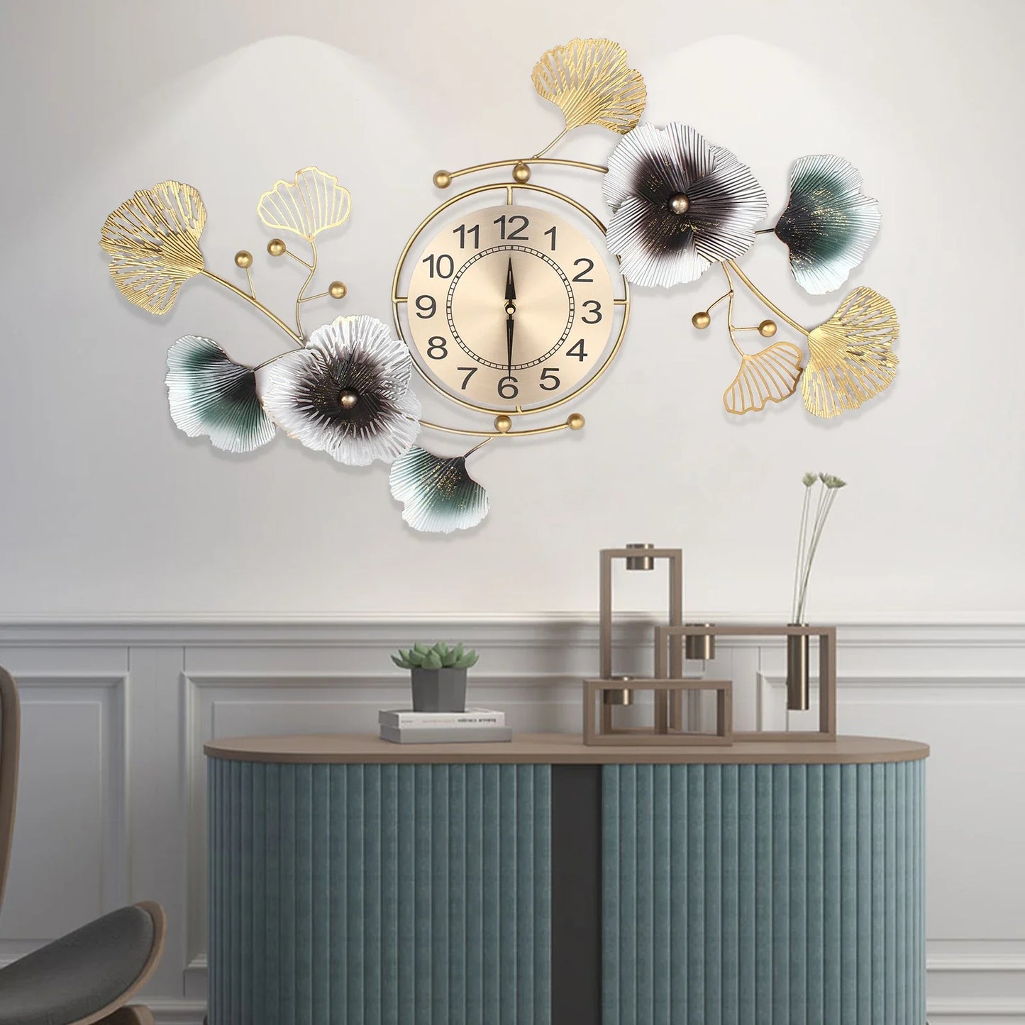 Ginkgo Leaf Metal Wall Clock 90x45cm Modern Quartz Movement