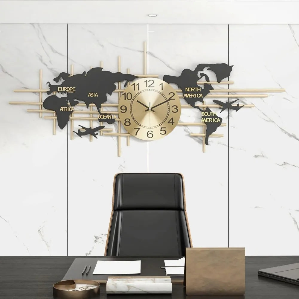Modern 3D World Map Wall Clock in Bronze Gold