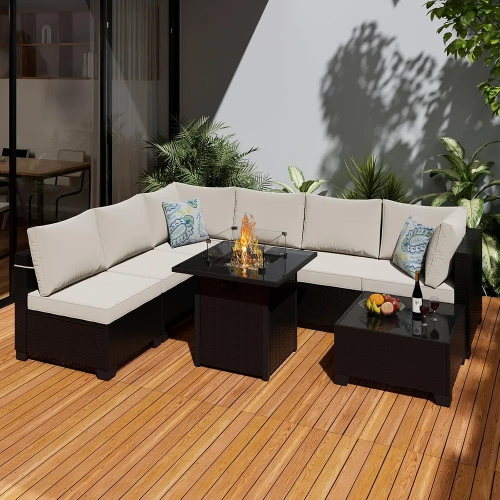 8 Piece Outdoor Sectional Rattan Sofa Set With Gas Fire Pit