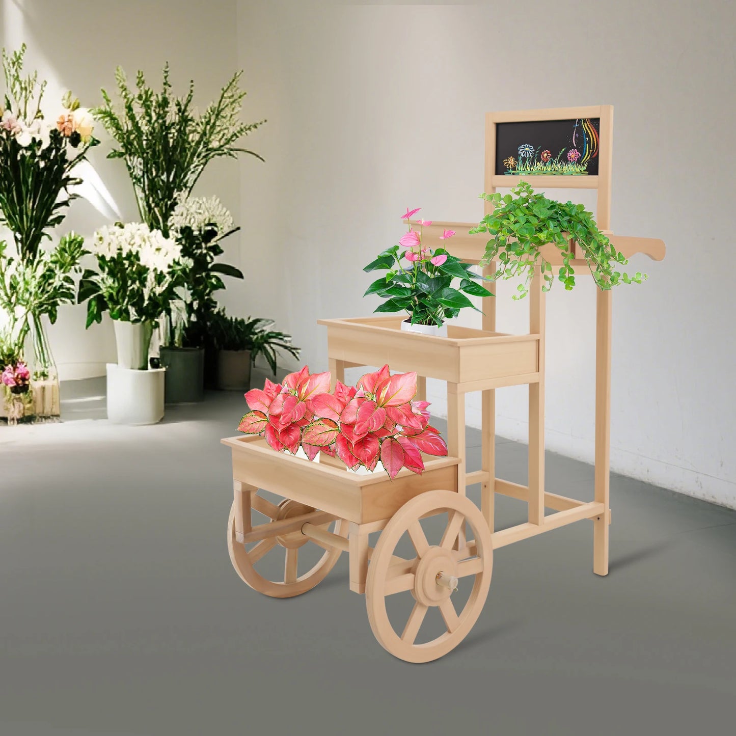 3-Tiered Flower Cart Display Stand With Blackboard Wheels