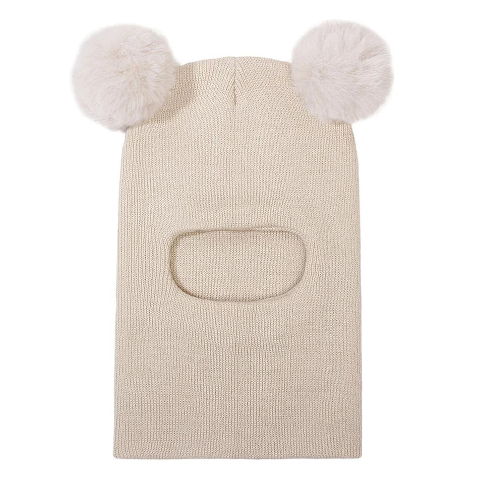 Kids Double Ball Ear Protection Knit Balaclava Hat