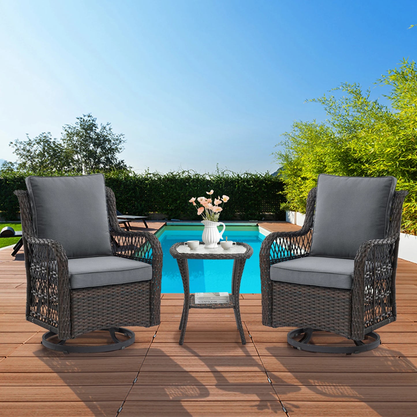 HobbyLane 3 Piece Outdoor Wicker Swivel Chair Set With Table