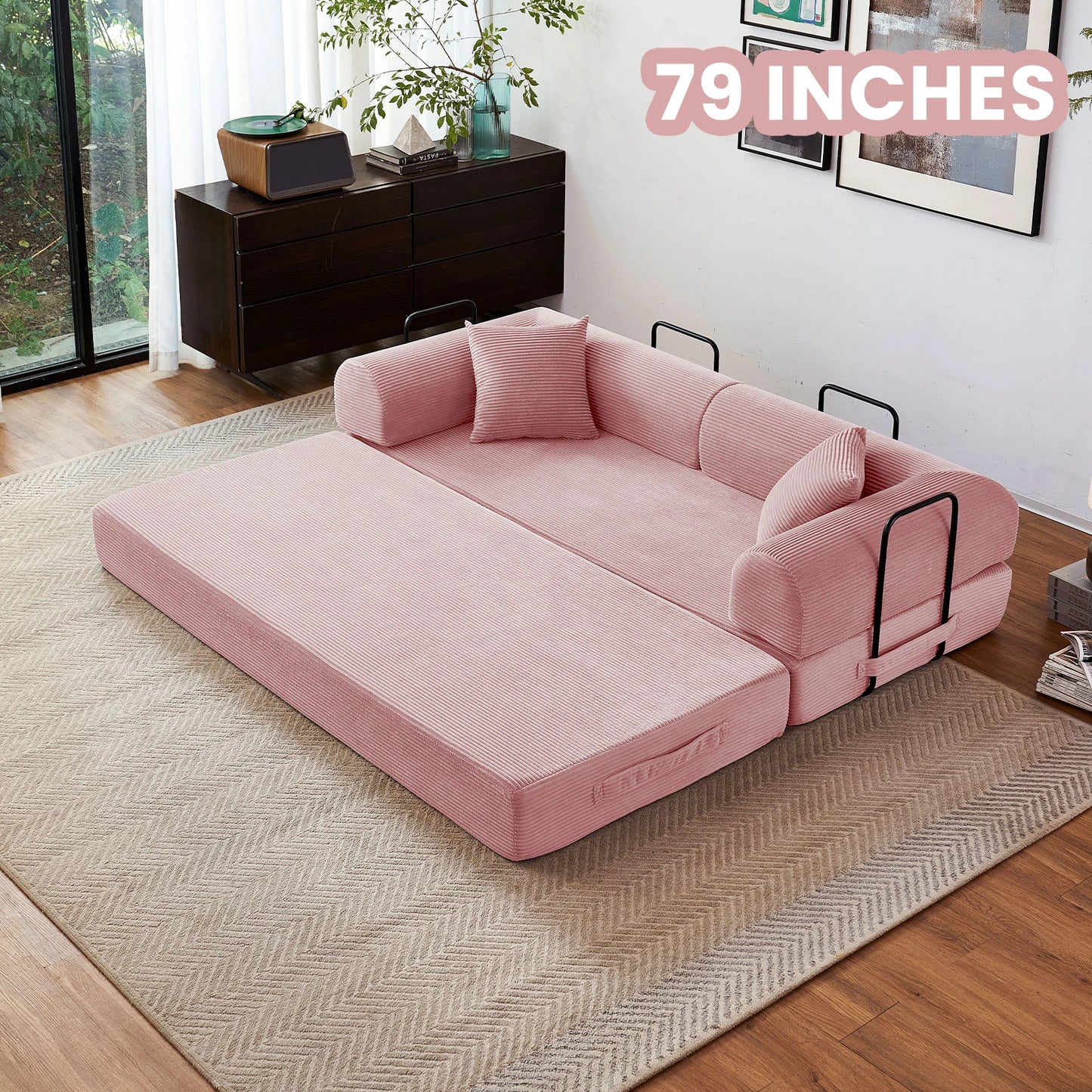 Foldable Convertible Futon Sofa Bed With L Shape Armrests