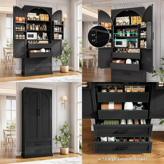 Freestanding Kitchen Pantry Cabinet With Adjustable Shelves And Drawers