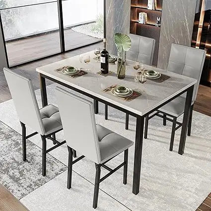 Modern Artificial Marble Dining Table With PU Leather Chairs Set